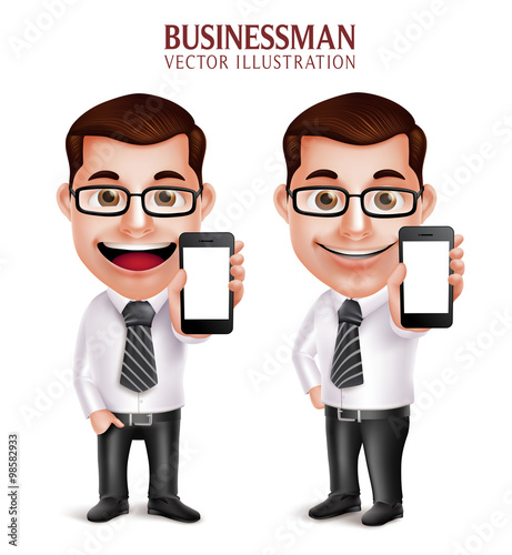 3D Realistic Professional Business Man Vector Character Holding Mobile Phone with Empty Screen Isolated in White Background. Vector Illustration

