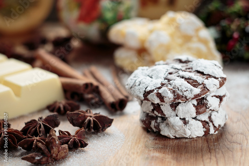Chocolate crinkles cookies close up. Shallow depth of field