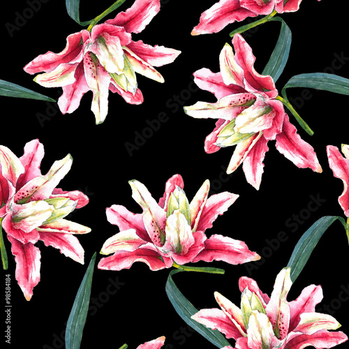 Seamless floral pattern of double bloom oriental pink lilies. Hand painted watercolor tropical flowers. Isolated on black background. Fabric texture.