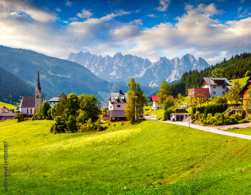 Countryside view of the Gosau village at summer sunny day