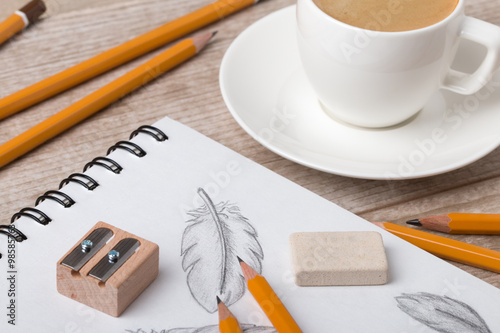 Close-up view of artist's or designer's table photo