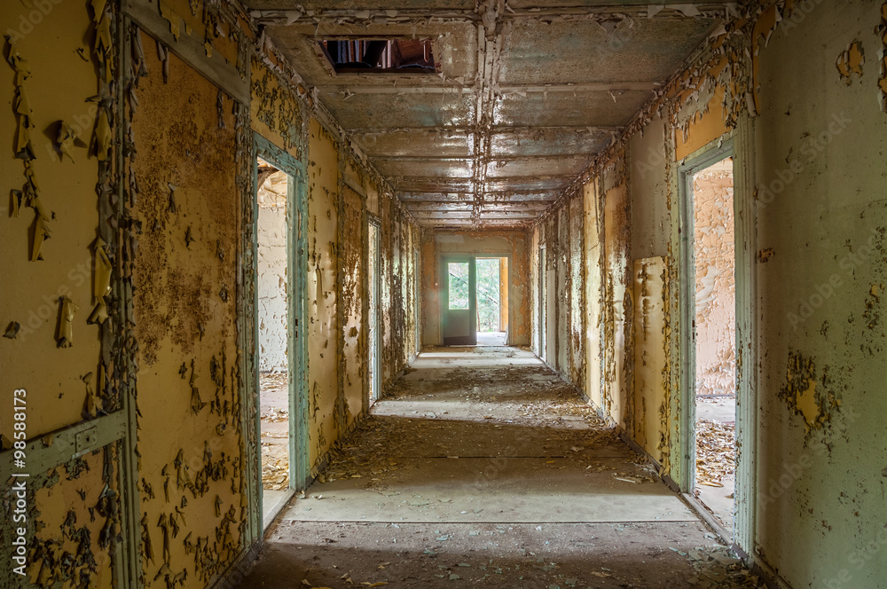 mystical corridor in an abandoned ruin