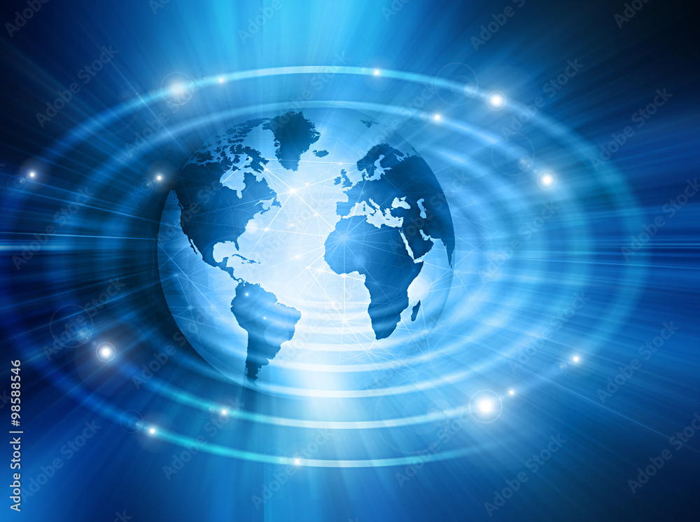 Best Internet Concept of global business. Globe, glowing lines on technological background. Electronics, Wi-Fi, rays, symbols Internet, television, mobile and satellite communications