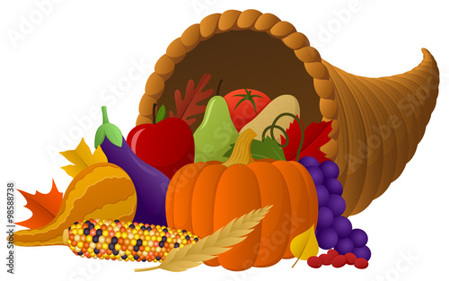 Vector illustration of a cornucopia overflowing with food. photo