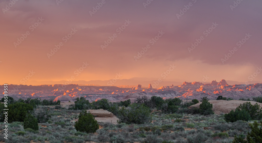 arches and towers utah desert sunset