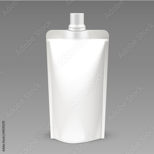 White Blank pack, Foil Food Or Drink Bag Packaging With Spout Lid. Plastic Pack Template Ready For Your Design. Vector EPS10