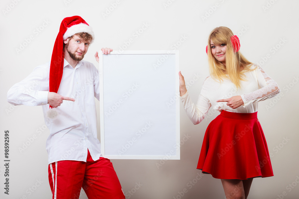 Couple woman and man with blank banner. Copy space Couple woman and man with blank banner. Copy space
