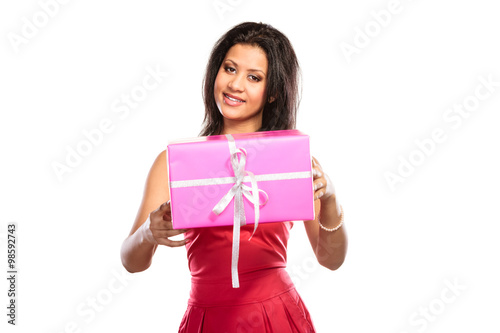 Pretty mixed race woman with box gift. Christmas