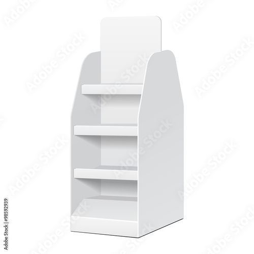 White POS POI Cardboard Blank Empty Displays With Shelves Products On White Background Isolated. Ready For Your Design. Product Packing. Vector EPS10 