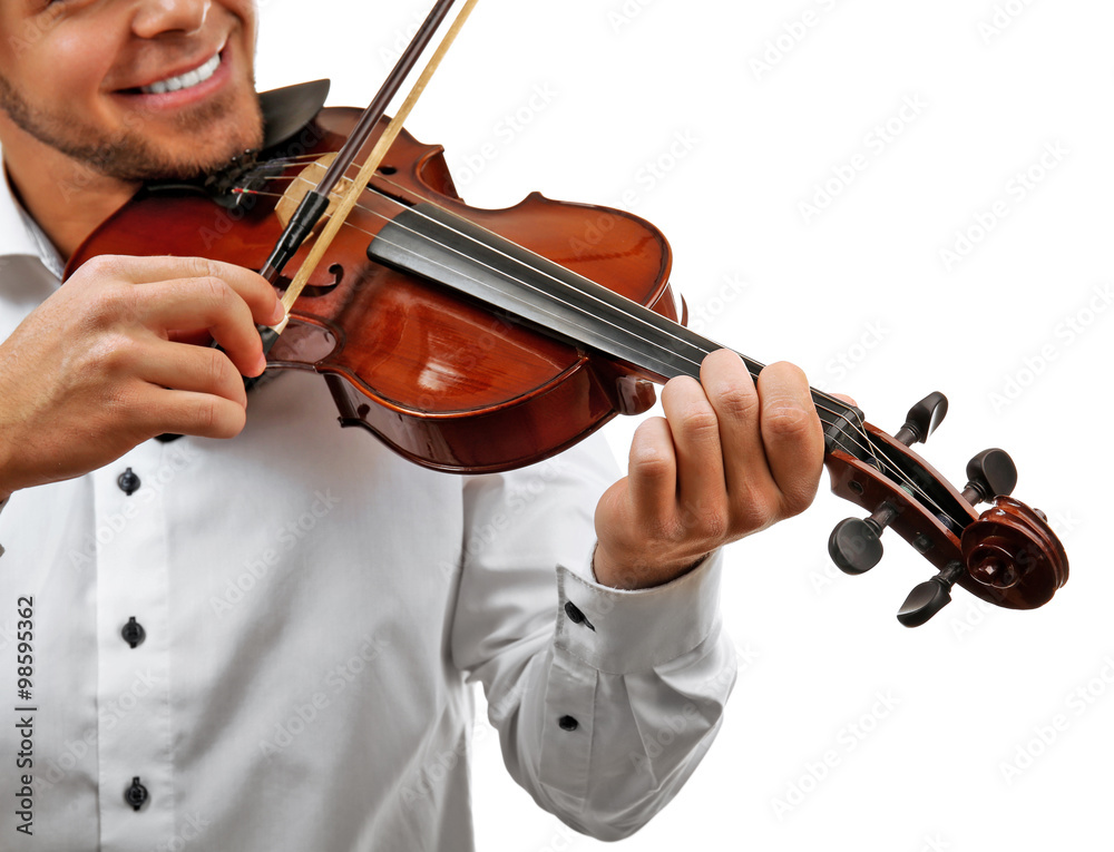 Musician plays violin isolated on white background, close up Musician plays violin isolated on white background, close up