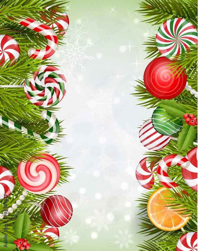 Sweets background with lollipop, candy, jelly beans, orange slice and pine tree