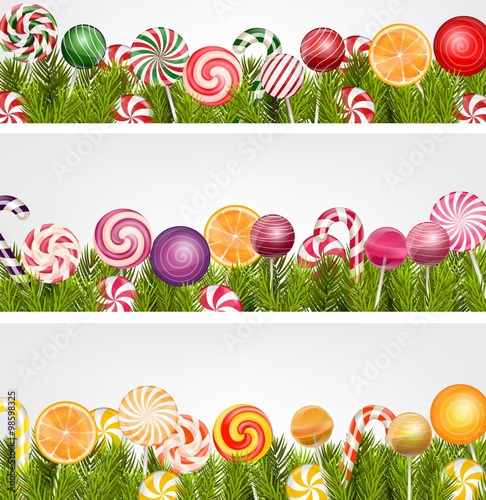 Sweet banner with pine tree, lollipop and orange slice