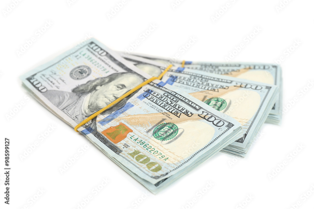 Hundred dollar bills, isolated on white Hundred dollar bills, isolated on white