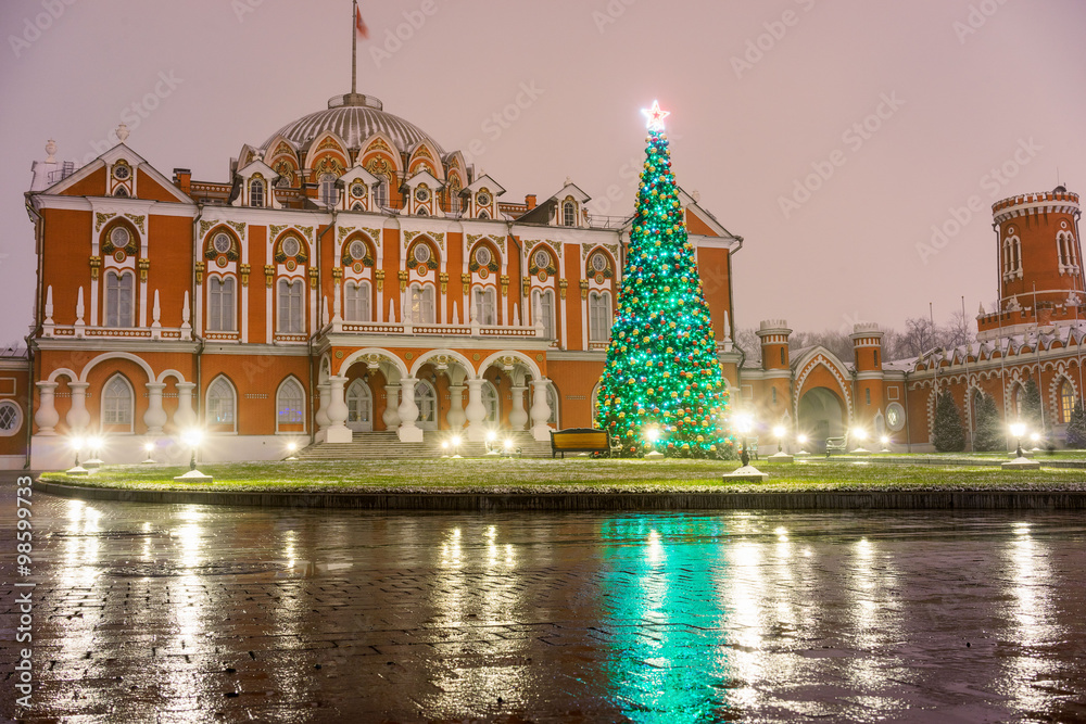 Petrovsky Palace at night decorated for Christmas in Moscow, Russia