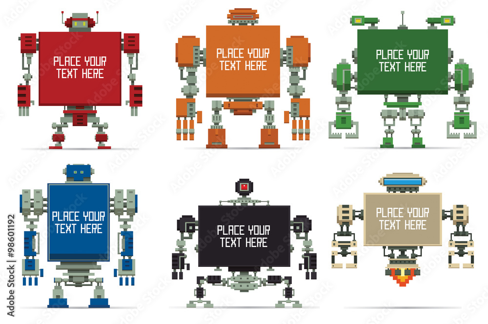 Vector Set of banners Pixel Robots. Set of banners of cartoon image of ...