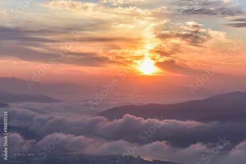 Morning sunrise and foggy of mountain in Korea