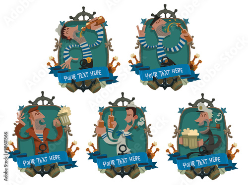 Vector set of blue oval emblems decorated with the wheel, the stars, anchors, banners and bottles of beer and with funny drunken sailors with beer in their hands on a light background.