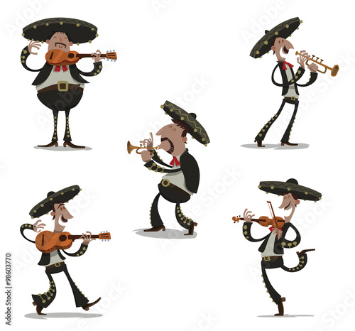 Vector Set of Mariachis, colored. Cartoon image of five funny colored mariachis in traditional costumes in various poses with various musical instruments in their hands on a light background.