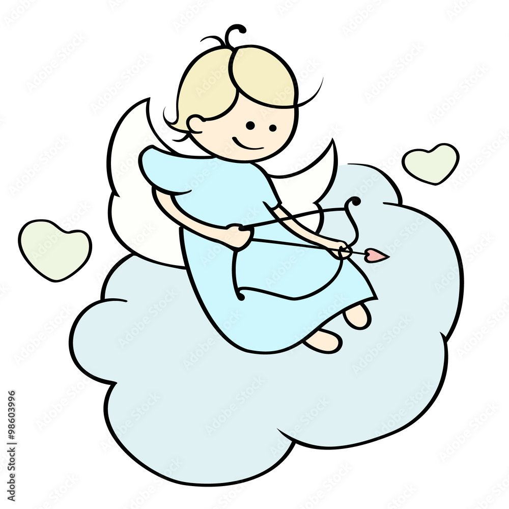 Cute cartoon happy cupid flying on cloud. Funny little Angel with arrows and hearts aiming at someone. Illustration of a Valentine's Day. Hand-drawn vector isolated on white. Cute cartoon happy cupid flying on cloud. Funny little Angel with arrows and hearts aiming at someone. Illustration of a Valentine's Day. Hand-drawn vector isolated on white.