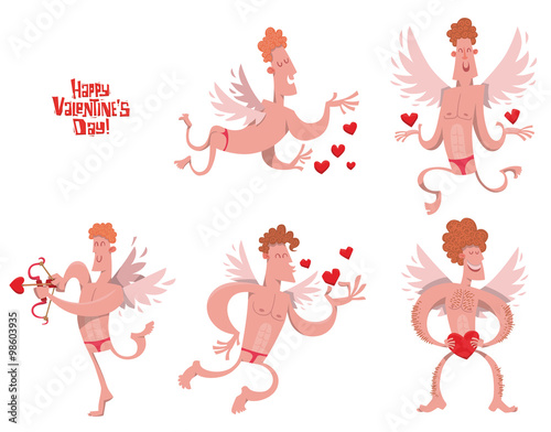 Vector Set of sexy cupids. Cartoon image of five sexy cupids with wings in red trunks in different poses on a light background. In the theme of Valentine's Day.