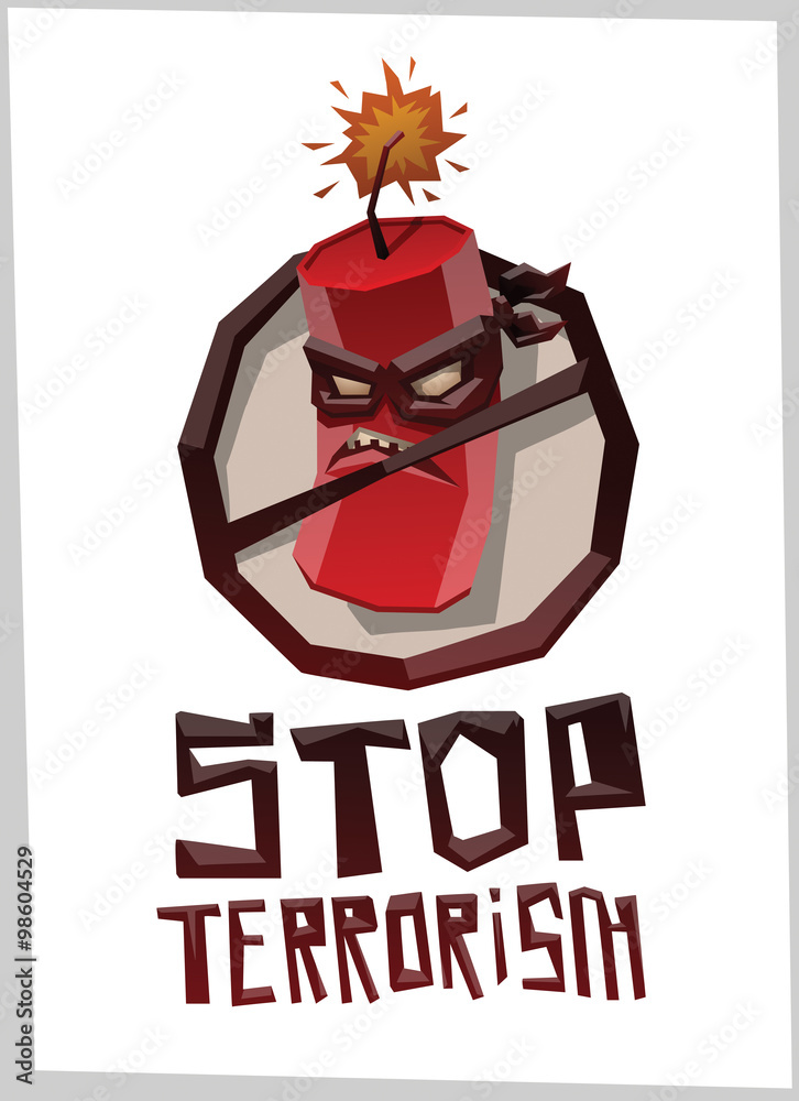 Vector emblem with the sign against terrorism with cartoon image of an  angry red bombs in mask crossed in black round frame on a light background.  Stock Vector | Adobe Stock