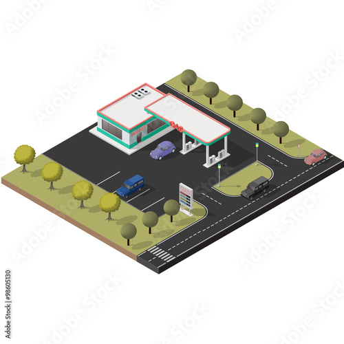 Isometric icon set representing small gas station