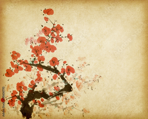 Traditional chinese painting Spring plum blossom on Old vintage