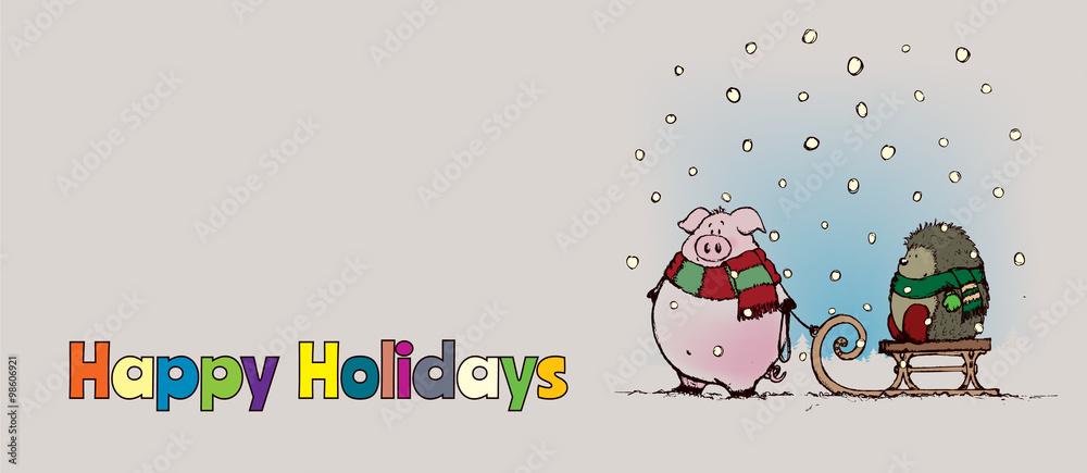 Obraz premium Pig and hedgehog with scarfs.Sweet looking cartoon characters.Winter scene Christmas card illustration