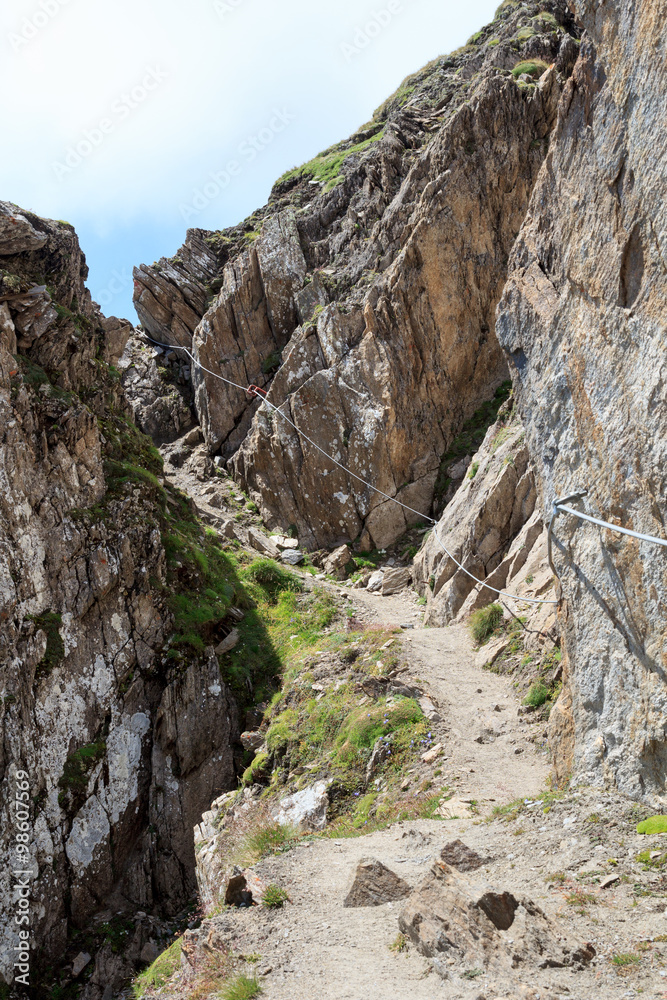 Steel cable from a via ferrata and mountain footpath, Hohe Tauern Alps, Austria