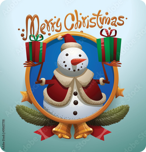 Vector image of round golden label decorated with gold stars, bells, green fir branches and red ribbons with a cartoon image of a funny white snowman with two gifts on a light blue background. photo