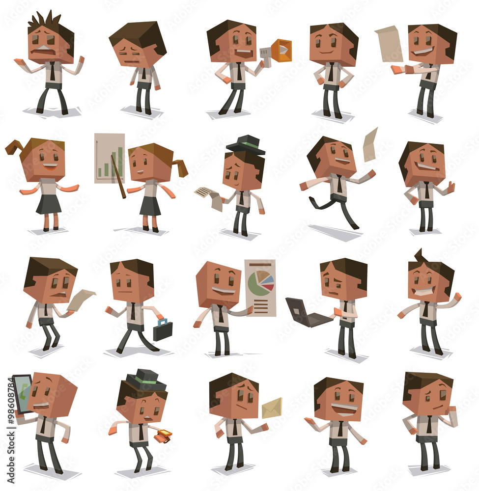Vector Set of Cube business people. Set of cartoon image of colored cube business people with different actions and emotions on a white background. Vector Set of Cube business people. Set of cartoon image of colored cube business people with different actions and emotions on a white background.