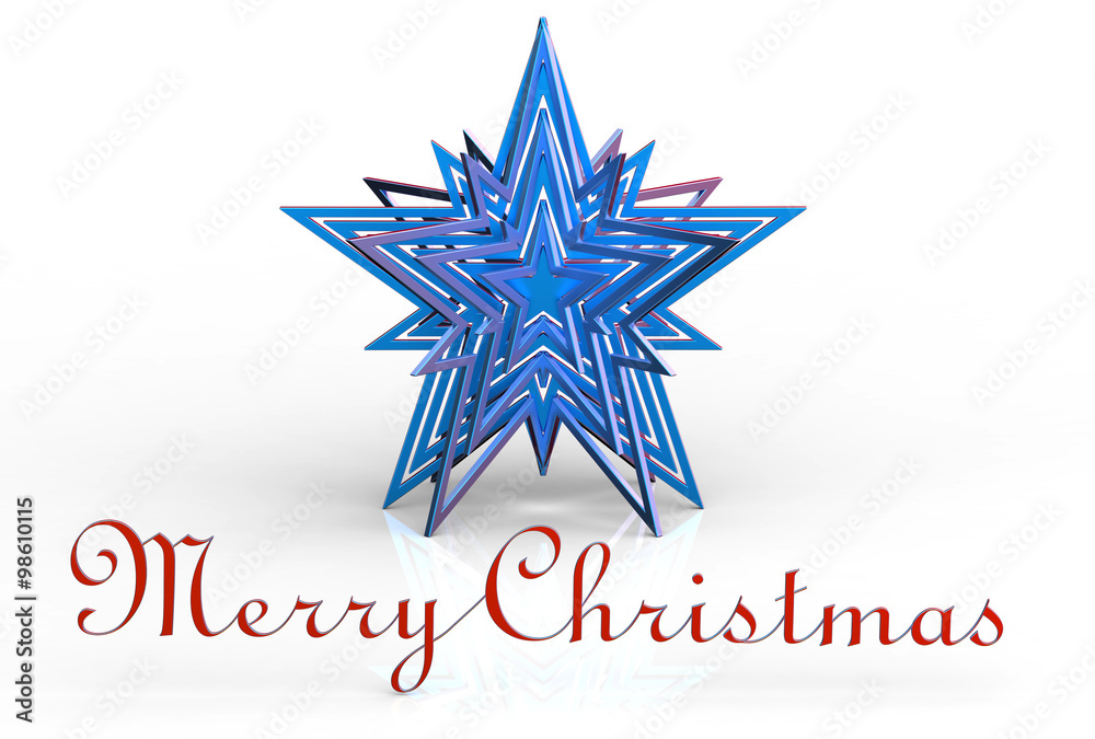 Merry Christmas and blue satin stars with white background. Render image. Merry Christmas and blue satin stars with white background. Render image.