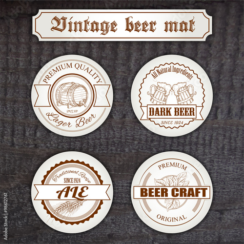 vector set of vintage hand drawn beer mat with logo on wooden desk