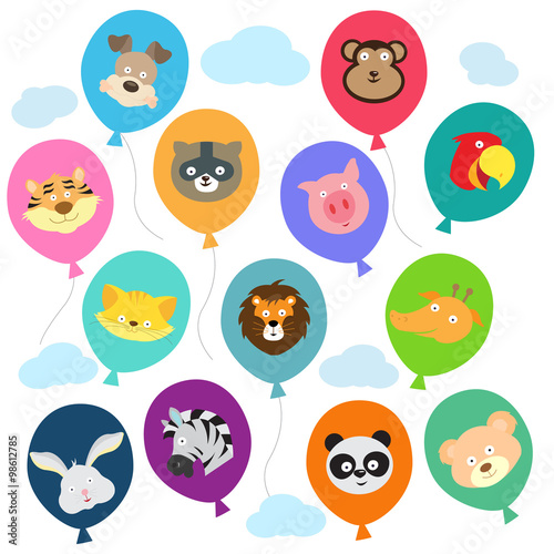 Picture of Multiple balloons of different colors with Animal faces on them 