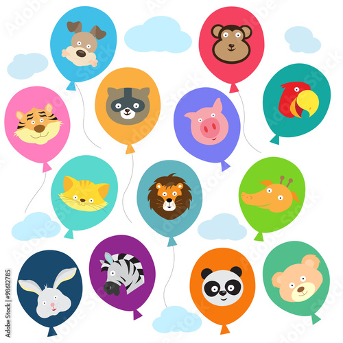 Picture of Multiple balloons of different colors with Animal faces on them
