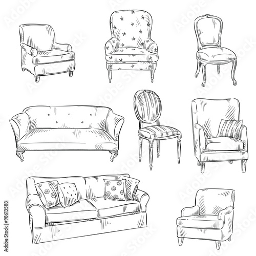 set of hand drawn chairs and sofas, vector illustration