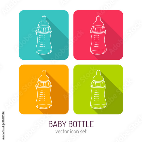 Vector line art baby feeding bottle icon set in four color variations with long shadows