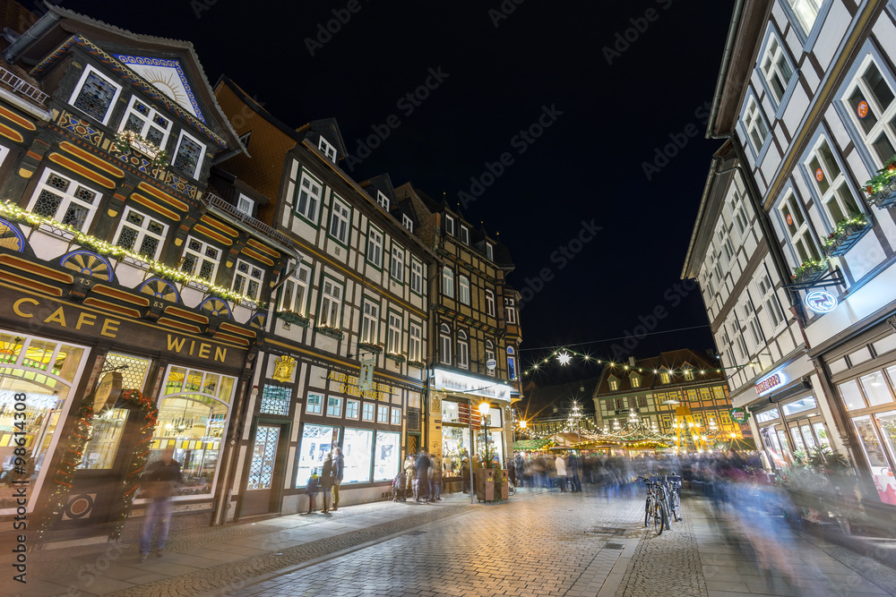 Evening street view of a town Wernigerode in the district of Harz, Saxony-Anhalt, Germany.