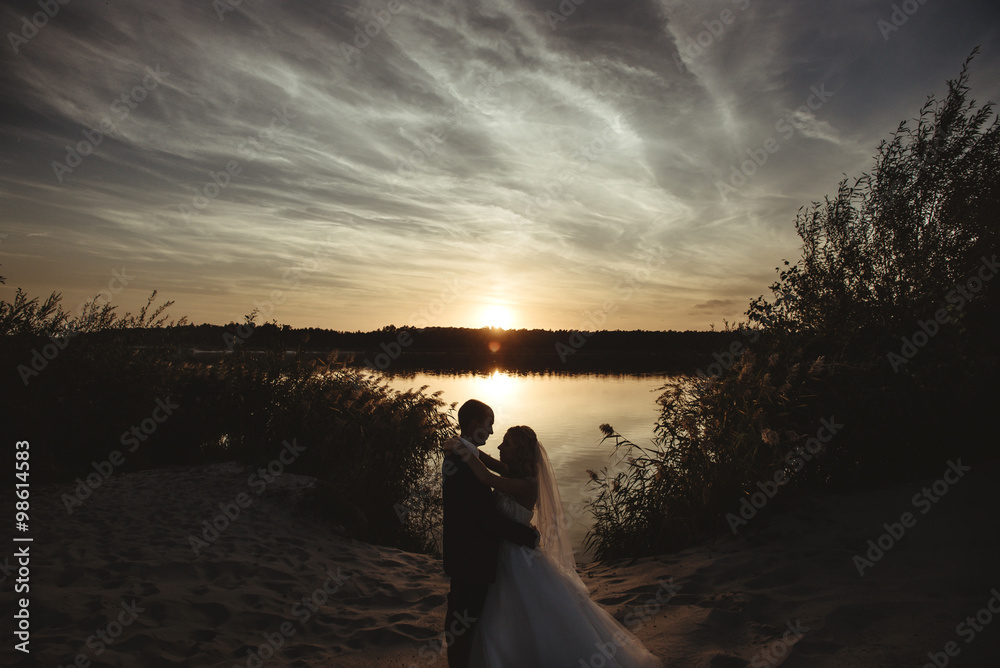 gorgeous stylish happy blonde bride and  elegant groom  looking at the amazing sunset on a background of beautiful sunny lake and sand