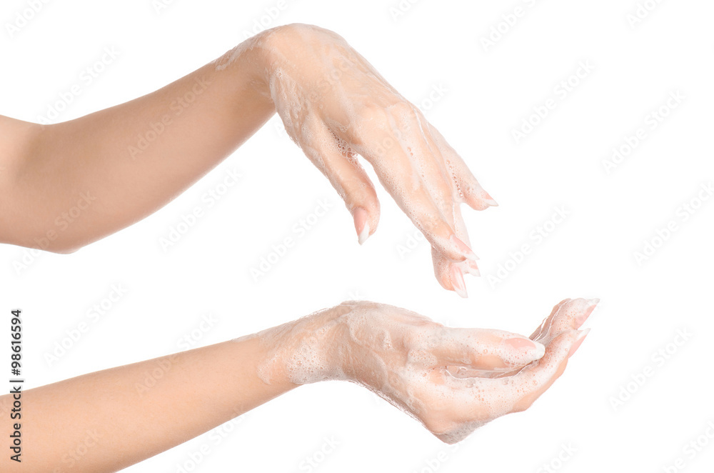 Hygiene and health protection topic: a woman's hand in soapsuds isolated on white background in studio Hygiene and health protection topic: a woman's hand in soapsuds isolated on white background in studio
