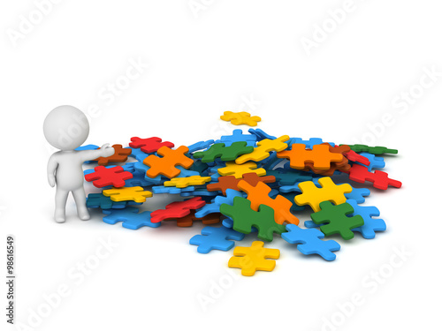 3D Character Showing Pile of Puzzle Pieces
