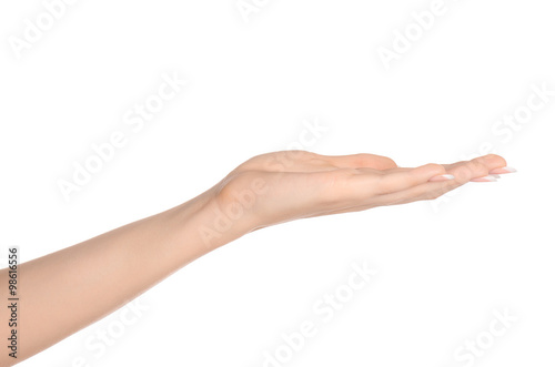 Beauty and Health theme: beautiful elegant female hand show gesture on an isolated white background in studio © Parad St