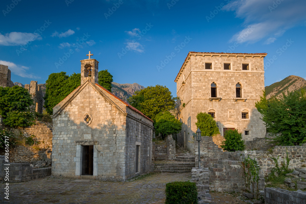 Old Bar fortress buildings at sunset, Montenegro