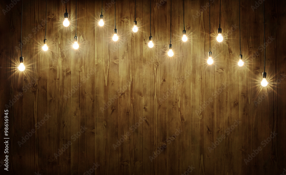 Light bulbs on wood - obrazy, fototapety, plakaty 