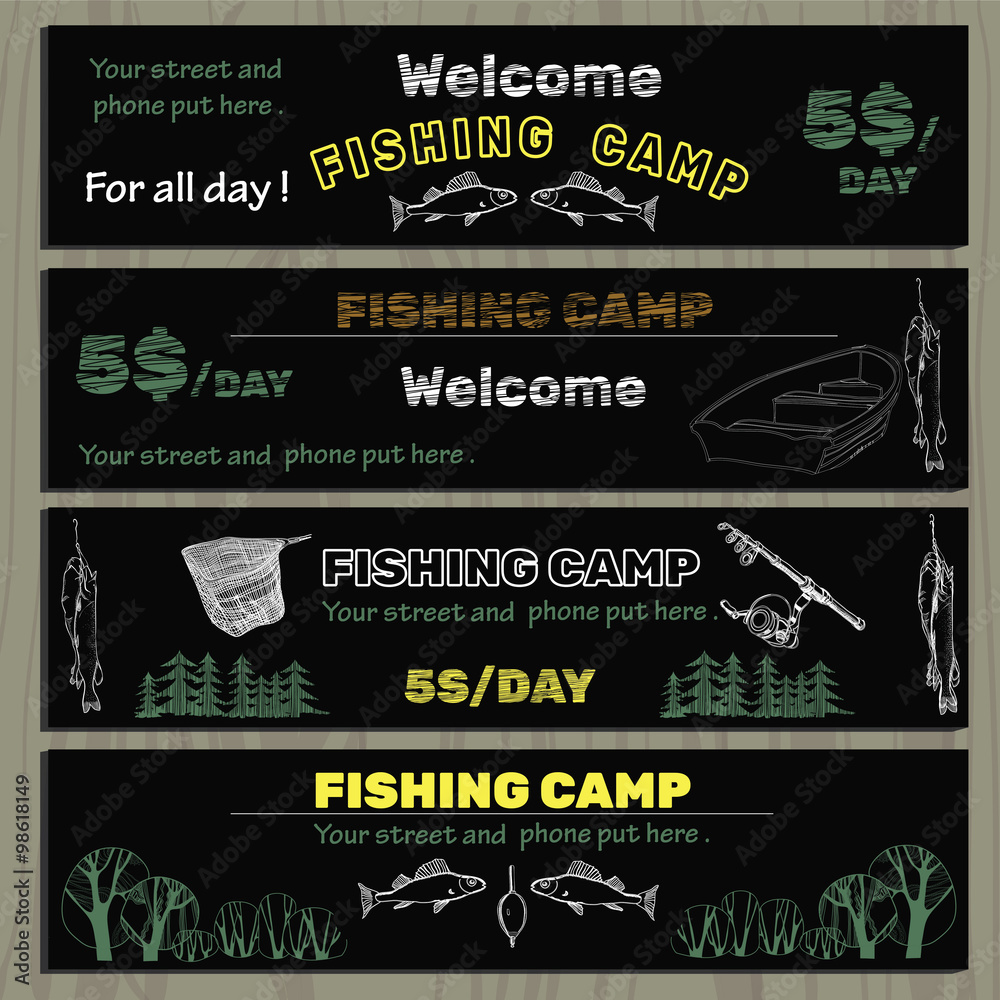 set of chalk board invitation for fishing in the camp