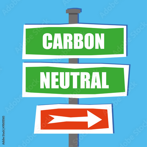 Road traffic or street name signs on a standing pole in a hand drawn style, with the words Carbon Neutral added in white text and an arrow pointing this way