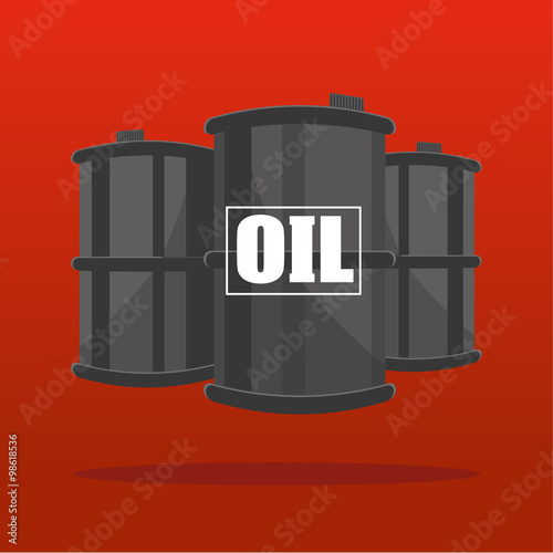 Three Oil barrels or drums shown in perspective suspended on a red background with the word OIL added in white text