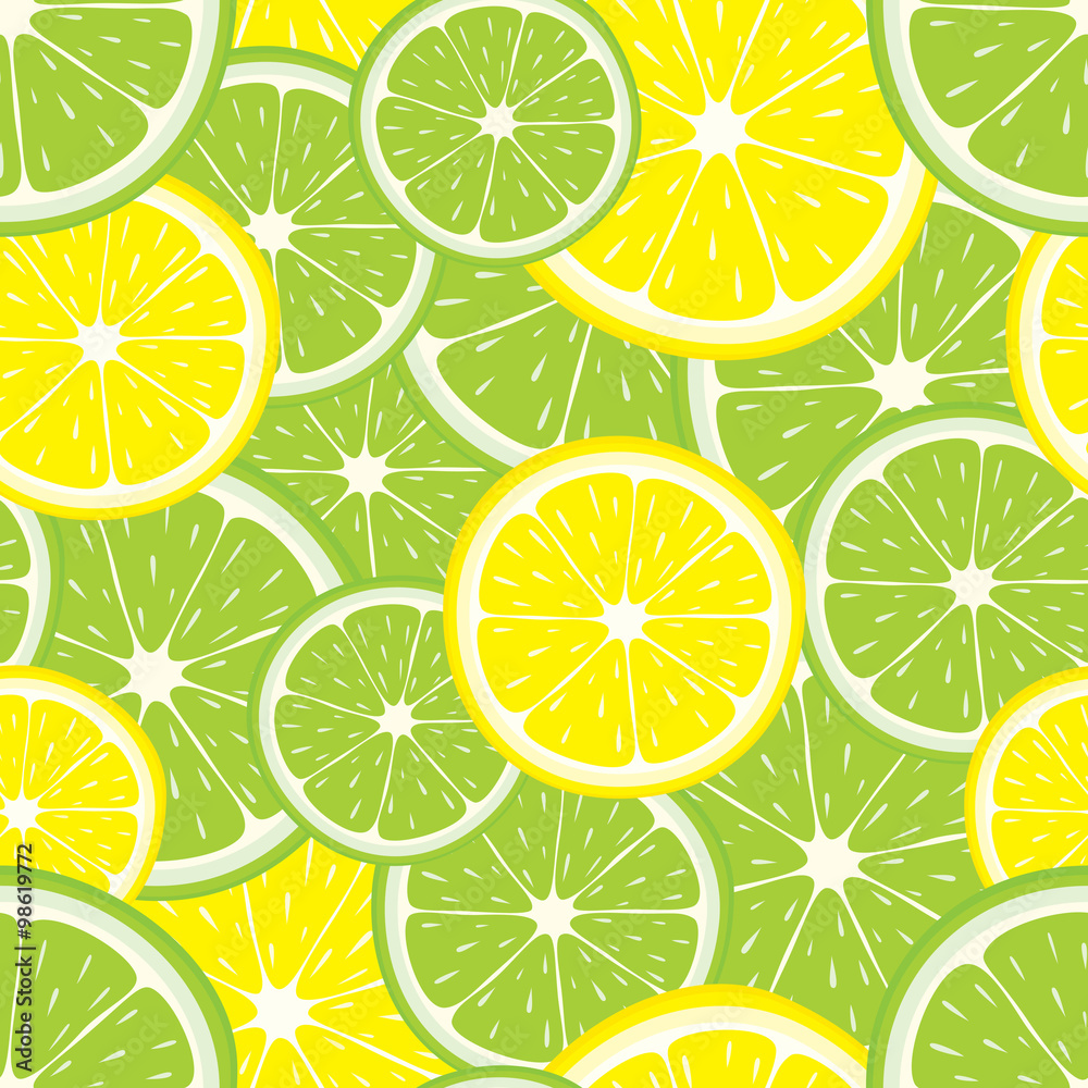 Vector seamless background of lemon and lime slices.