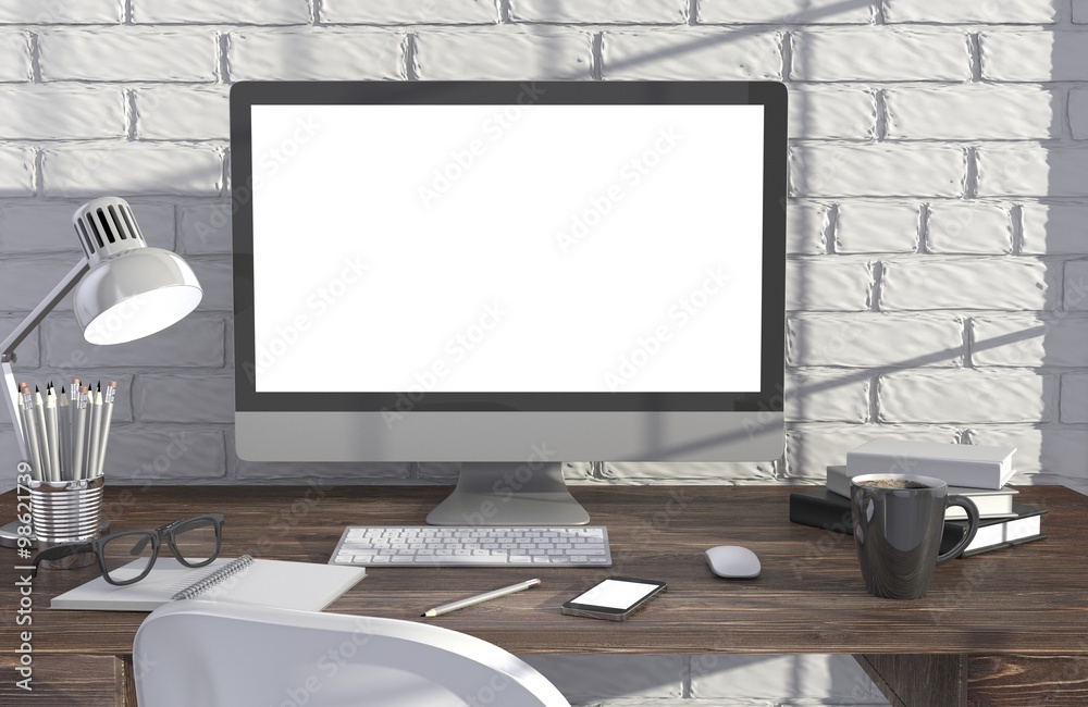 Fototapeta premium 3D illustration PC screen on table in office, Workspace