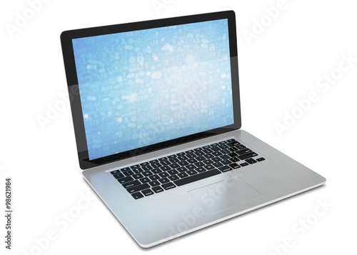 3d rendering of a laptop with blue wallpaper with app icon